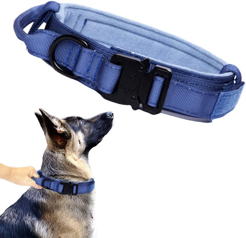 Adjustable Tactical Dog Collar with Heavy Duty Metal Buckle and Handle for Dog Training (Dark Blue, M)