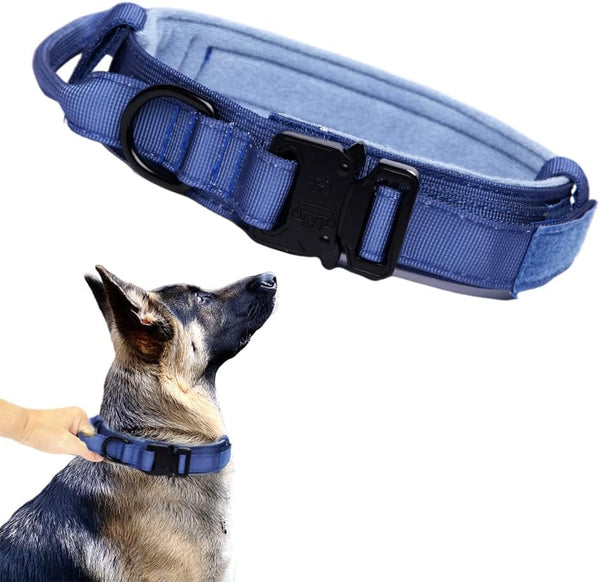 Adjustable Tactical Dog Collar with Heavy Duty Metal Buckle and Handle for Dog Training (Dark Blue, M)