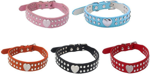 Cute 2 Rows Rhinestone Bling Heart Studded Leather Dog Collar for Small or Medium Dogs, Red, Small