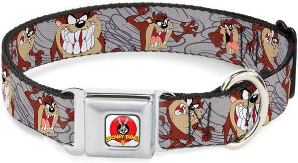 Buckle-Down Dog Collar Seatbelt Buckle Multicolor Tasmanian Devil Expressions Gray Swirl, 1" Wide - Fits 9-15" Neck -