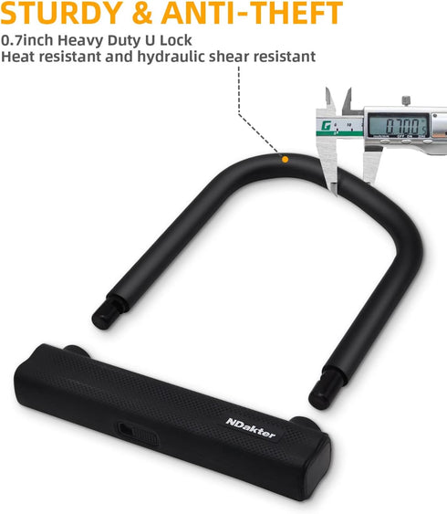 NDakter Heavy Duty Bike Locks - Anti Theft U Lock for Ebike, 18mm Shackle, 6FT Steel Security Cable
