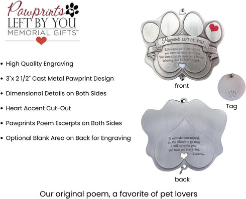 Pet Memorial Ornament, 3" Metal Casted Paw Print Design with Engravable Drop Pendant, Remembrance Gift