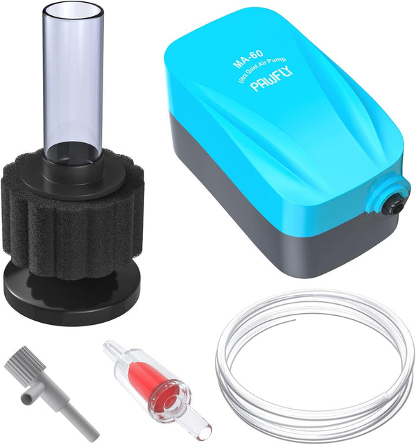 Pawfly Aquarium Air Pump Kit with Nano Bio Sponge Filter, Airline Tubing, Air Control Valve & Check Valve Accessories