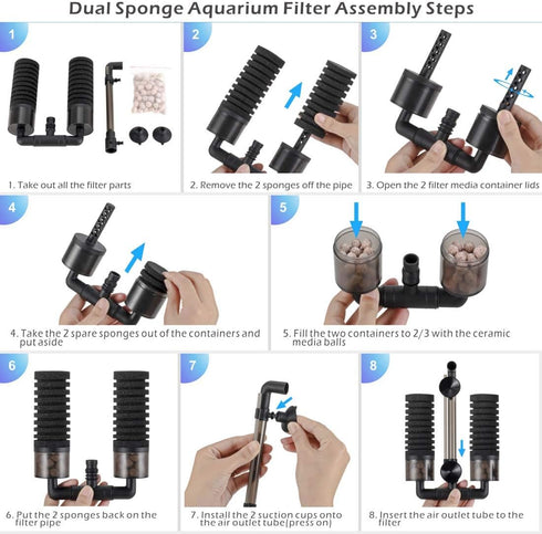 hygger Sponge Filter, Double Sponge Replaceable Media with 4 Biochemical Sponges for Fish Tank