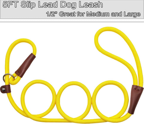 5 FT Slip Lead Dog Leash, Heavy Duty 1/2” Strong Nylon, Solid 7 Colors for Medium and Large Breeds - Yellow