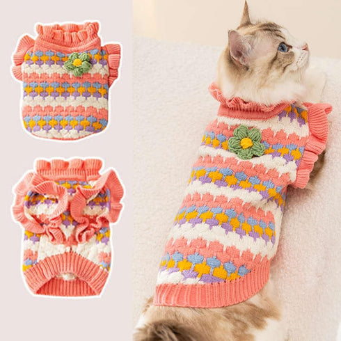 Small Dog Sweater - Knitted Tulip Cat Sweater, Warm Thick Holiday Clothes for Small Dog Girl, Cold Weather Outfit
