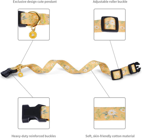 Cotton Handmade Dog Collar for Small Medium Large Dogs, Yellow Daisy with Pendant Cute Dog Collars, Ideal for Girl Dogs