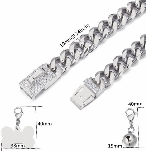 Silver Dog Chain Collar Cuban Link with Cubic Zirconia Buckle, ID Tag and Bell (15mm/19mm, 10-26inch)