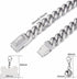 Silver Dog Chain Collar Cuban Link with Cubic Zirconia Buckle, ID Tag and Bell (15mm/19mm, 10-26inch)