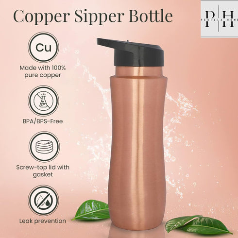 Perilla Home 100% Pure Copper Bottle - 25.37 Oz Ayurvedic Water Bottle, Leak Proof for Gym, Outdoors, Indoors