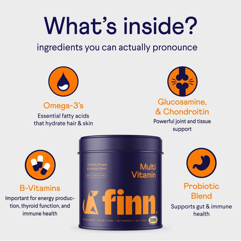 Finn All-in-1 Dog Multivitamin, Everyday Supplement with Probiotics, Omega-3s, Glucosamine for Gut, Immune, Joint