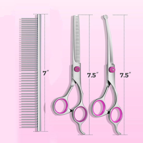 Dog Grooming Scissors Kit with Safety Round Tips, Stainless Steel Professional Pet Grooming Scissors, Thinning, Curved