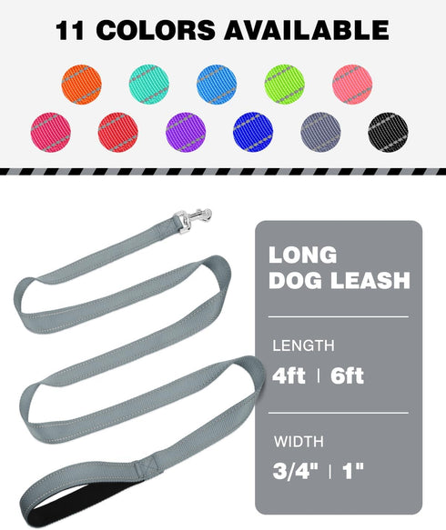 6ft Dog Leash for Small Medium Large Dogs | Reflective Nylon | Padded Handle | 3/4 inch Wide | Grey