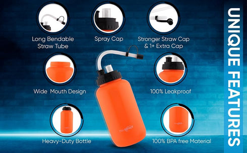 Pro Impact Squeezable Water Bottle with Bendable Long Straw and Spray Cap - 35.5 Oz. LDPE BPA Free Plastic for Hydration