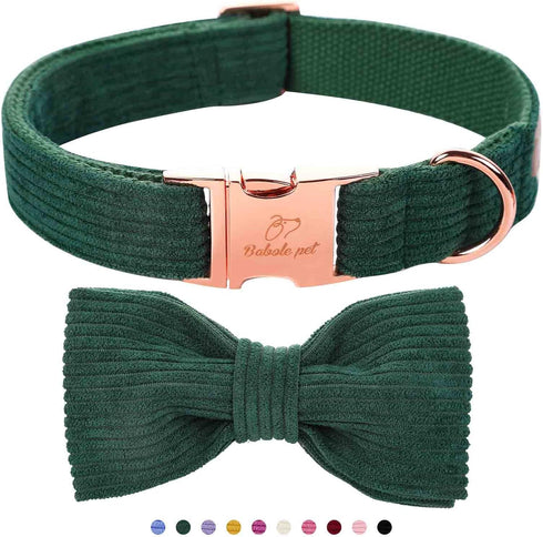 Green Dog Collars for Small Dogs, Cute Corduroy Collar with Bow Tie, Adjustable for Boy & Girl Dogs