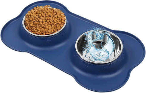 AsFrost Dog Food Bowls, Stainless Steel Set with Non-Slip Silicone Mat, Dog Dishes for Small Medium Dogs, Blue