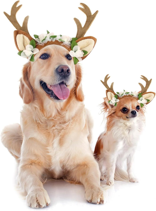 FLAdorepet Pet Cat Dog Elk Antler Deer Horn Headband for Halloween Christmas Dog Costume Outfits
