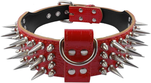 Pet Artist 2" Wide Luxury Genuine Leather Spiked Studded Dog Collars for Medium & Large Dogs, Red, XL, Neck 21-24"