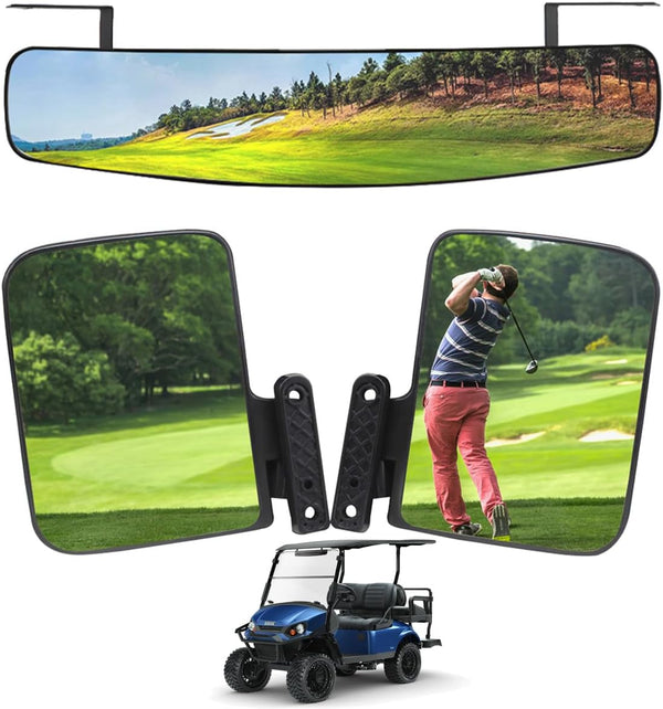 HKOO Universal Golf Cart Mirror Kit - Rear View Mirror, Wide Rear View Convex and Folding Side View Mirrors for Club