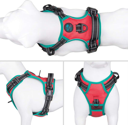 PHOEPET 2019 Reflective Dog Harness, Large Breed Adjustable No Pull Vest with Handle, 2 Metal Rings, XL, Red