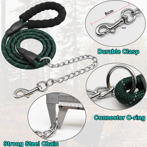 BTINESFUL 6FT Chewproof Dog Leash, Strong Nylon Rope with Anti-Chewing Chain and Padded Handle for Medium Large Dogs Outdoor Training Walking Hiking dark green