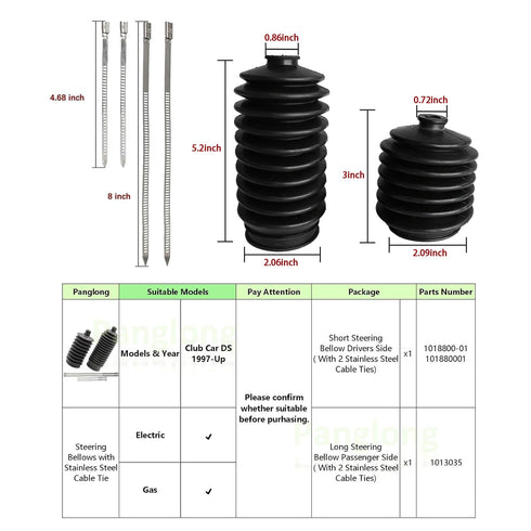 Steering Bellows with Stainless Steel Cable Tie - Fits Club Car DS Gas and Electric Passenger Side