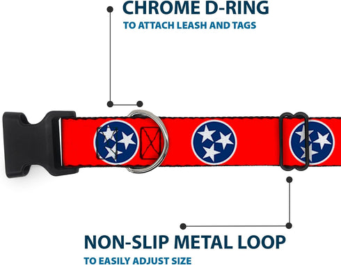 Buckle-Down Plastic Clip Collar - Tennessee Flag Stars Red/White/Blue, 1" Wide, Fits 11-17" Neck, Medium