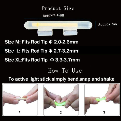 QualyQualy Clip-On Fishing Glow Sticks for Pole, Fishing Rod Tip Light Sticks Bulk Kit, 100 Pcs