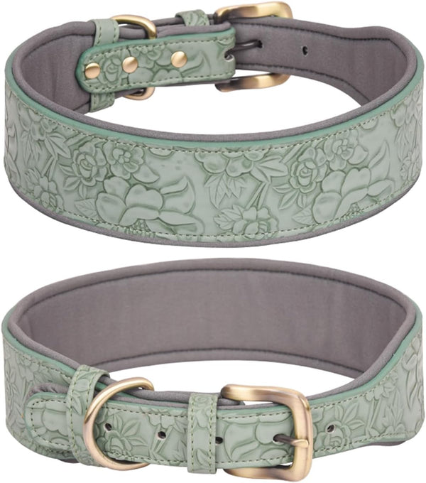 Basic PU Leather Dog Collars, Embossed Print Leather Collars for Large, Medium & Small Dogs (XL, Green)