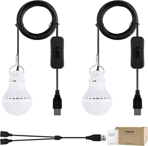 Onite 2-Pack USB LED Light Bulb, 2700K Warm White, Emergency Backup Lighting for Camping, RV, Garage, Power Outage