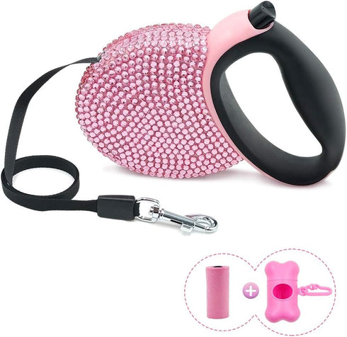 Triumilynn Rhinestone Retractable Dog Leash, 10ft Bling Cat Walking Leash Pink, Gift Waste Bags Dispenser Included
