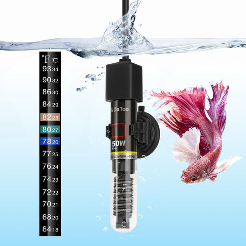 Mini 50W Aquarium Heater, Small Fish Tank Heater with Free Thermometer Sticker, 50 Watt.