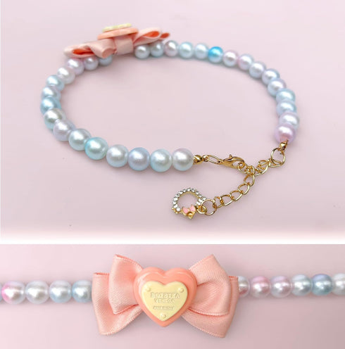 KUDES Adjustable Dog Necklace, Elegant Princess Style Pink Pearl Collar with Bow for Female Dogs, 2XL (18.8-21.6 Inches)