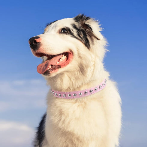BINGPET Dog Leather Collar, Adjustable Real Split Leather Studded Pet Collar, Durable for Small Medium Large Dogs, Pink