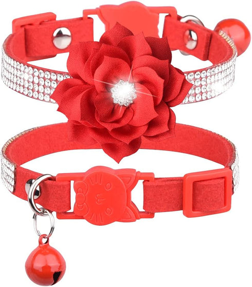 Pimaodog Rhinestones Dog Collar, Cute Dazzling Soft Suede Leather Pet Collar with Bell, Red Crystal Jeweled Necklace