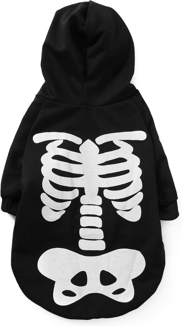 Halloween Pet Dog Cat Skull Hoodies, Glowing Skeleton Bones Costume Outfit for Dogs and Cats, L