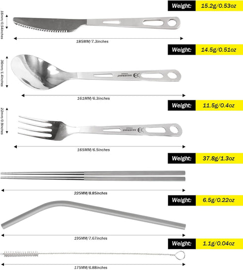 Titanium Camping Flatware Set, Portable Spork Spoon Knife Straw Cutlery for Outdoor & Hiking with Bag