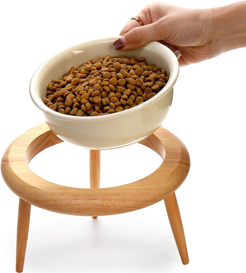 DEAYOU Ceramic Cat Bowl, Adjustable Tilted Elevated Pet Dish, No Spill Feeder with Wood Stand, 600 ML/20 OZ