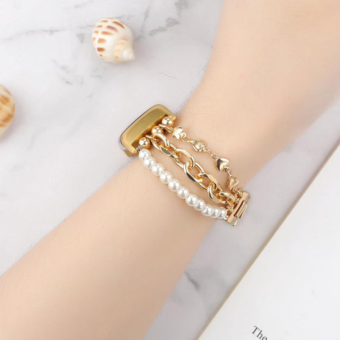 Pearl Beaded Bands for Fitbit Charge 6/Charge 5, Stylish Gold Love Shape Link Chain Jewelry Bracelet