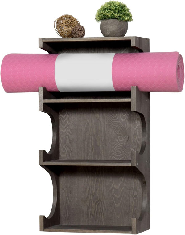 MyGift Wall Mounted Vintage Gray Wood 3-Tier Foam Roller, Yoga Mat Hanging Rack with Display Shelf
