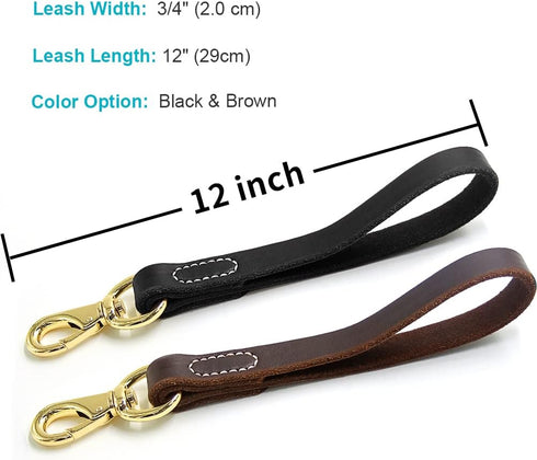 FAIRWIN Leather Short Dog Leash 12" - Traffic Lead Leash for Large Dogs Training and Walking (Width: 3/4") (Brown)