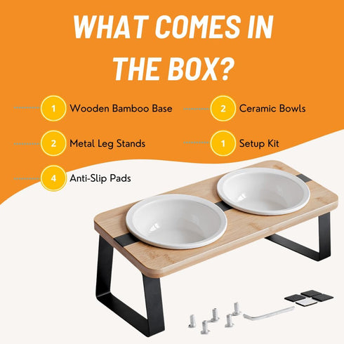 Elevated Cat Ceramic Bowls Stand for Food & Water, Anti-Vomit, Tilted Feeding Position, Bamboo Body Stand