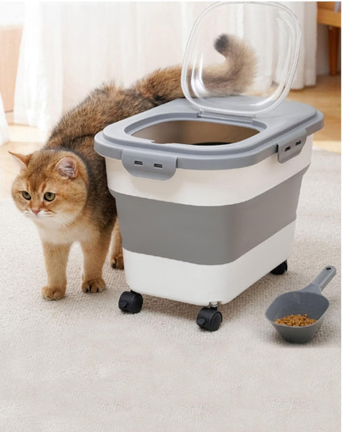 20-23Lbs Collapsible Dog Food Storage Container with Casters and Scoop, Travel Silicone Bowl - Keeps Dry Food Fresh