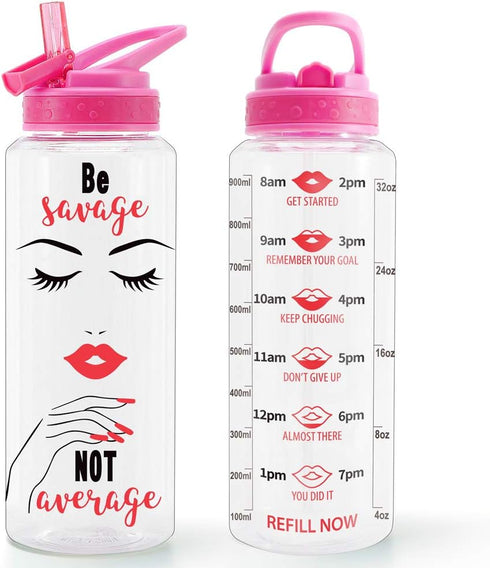 Home Tune 32oz Motivational Water Bottle with Straw & Time Marker, BPA FREE, Leak Proof, Easy Clean (Savage & Average)