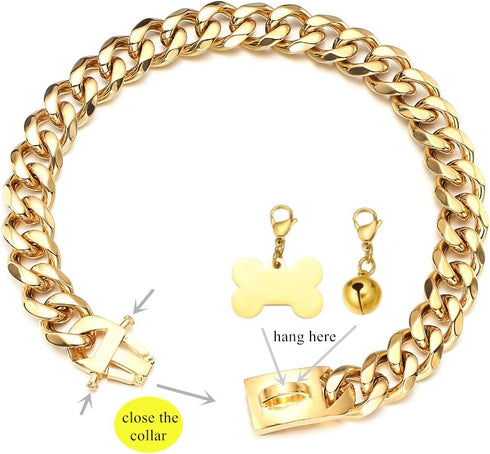 Gold Dog Collar 18k Cuban Link Chain, Chew Proof Stainless Steel, 15mm/19mm Wide, 10-26inch