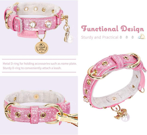 PetsHome Adjustable Cat Dog Collar, Bling Rhinestones PU Leather with Luxury Pendant for Extra Small Dog and Cat, Pink