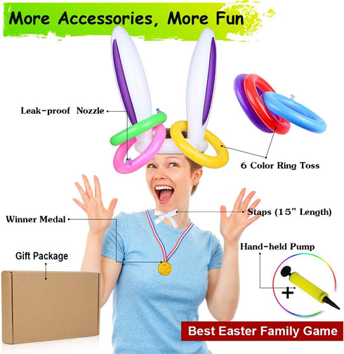 2 Set (2 12 1 1 Hoshin Inflatable Bunny Ears Ring Toss Game Rabbit-Ear Hats with Ring Toss, Medal and Hand-held Pump)