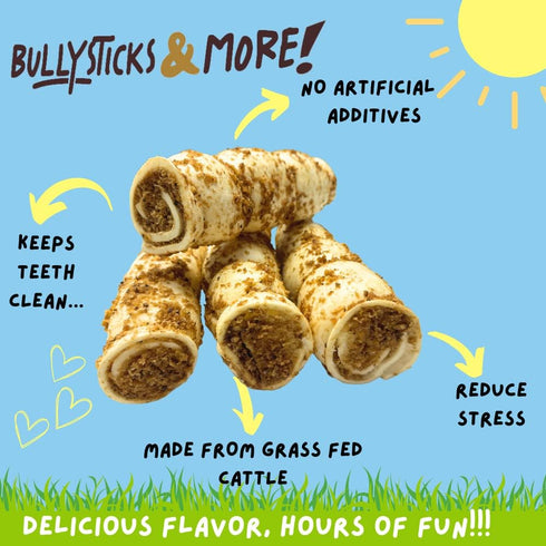 10-12" 3 Count) BULLYSTICKS & MORE Beef Cheek Rolls for Dogs (Bully Bites Dusted - - Beef Cheek Bones for Dogs - Dog