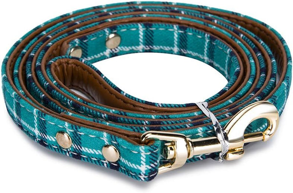 Puppy Leash for Small Dogs - StrawberryEC Cute Leather Peacock Green Plaid Leash
