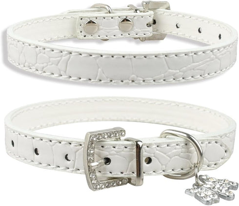 Dogs Kingdom Soft Croc Leather Dog Collar with Rhinestone Heart/Dog Pendant, White, Size S